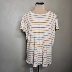 Prana Womens Hemp Linen Striped Short Sleeve T-Shirt orange Ivory Large